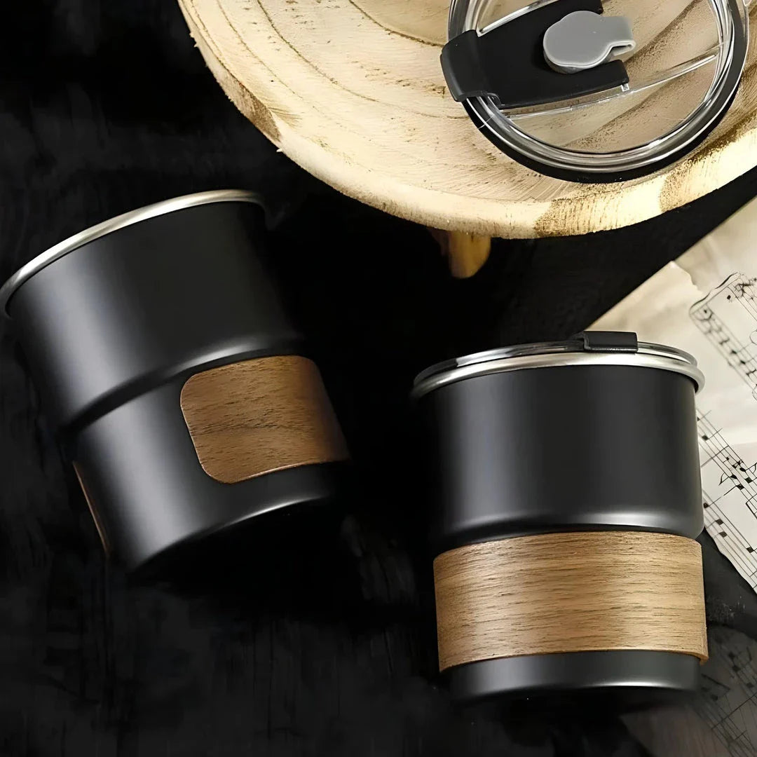 Portable stainless steel camping coffee mug with wooden lid and splash-proof design