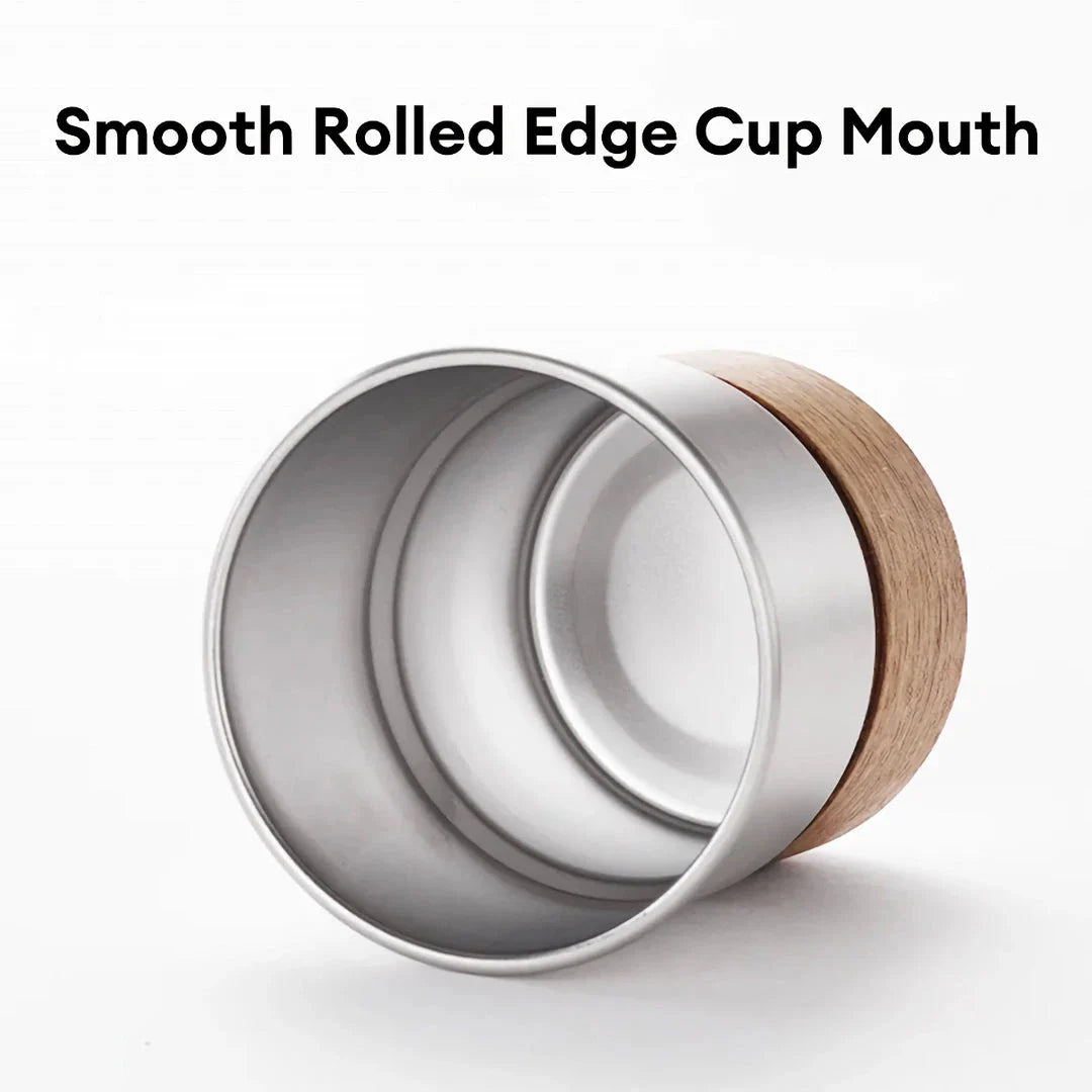 Portable stainless steel camping coffee mug with wooden lid and splash-proof design