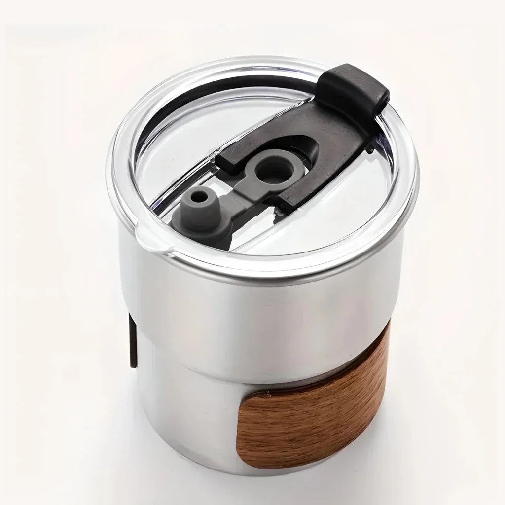 Portable stainless steel camping coffee mug with wooden lid and splash-proof design