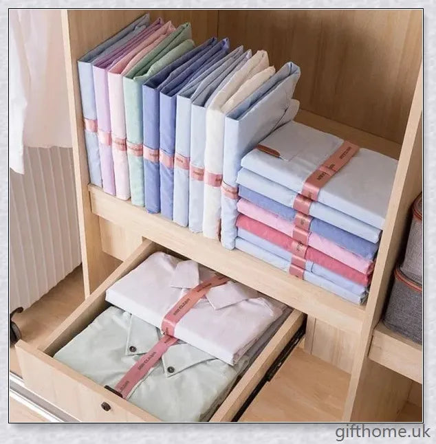 Dress Book - Space-Saving Clothes Folder Organiser with pink and gold colour options, neatly folded clothes, and a tidy wardrobe.