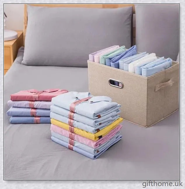 Dress Book - Space-Saving Clothes Folder Organiser with pink and gold colour options, neatly folded clothes, and a tidy wardrobe.