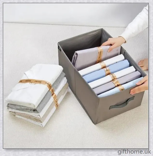 Dress Book - Space-Saving Clothes Folder Organiser with pink and gold colour options, neatly folded clothes, and a tidy wardrobe.