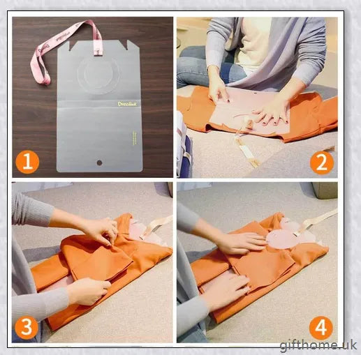 Dress Book - Space-Saving Clothes Folder Organiser with pink and gold colour options, neatly folded clothes, and a tidy wardrobe.