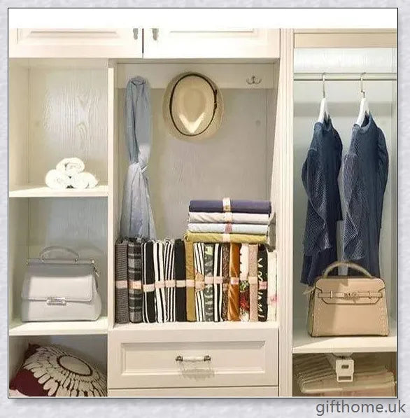 Dress Book - Space-Saving Clothes Folder Organiser with pink and gold colour options, neatly folded clothes, and a tidy wardrobe.