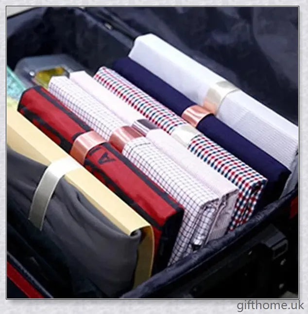 Dress Book - Space-Saving Clothes Folder Organiser with pink and gold colour options, neatly folded clothes, and a tidy wardrobe.