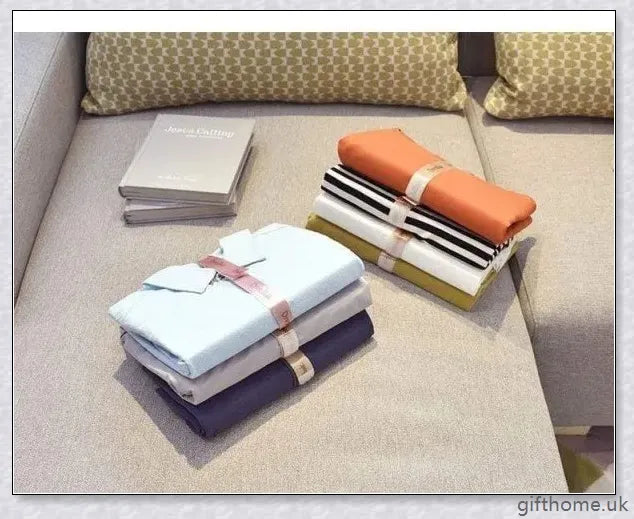 Dress Book - Space-Saving Clothes Folder Organiser with pink and gold colour options, neatly folded clothes, and a tidy wardrobe.