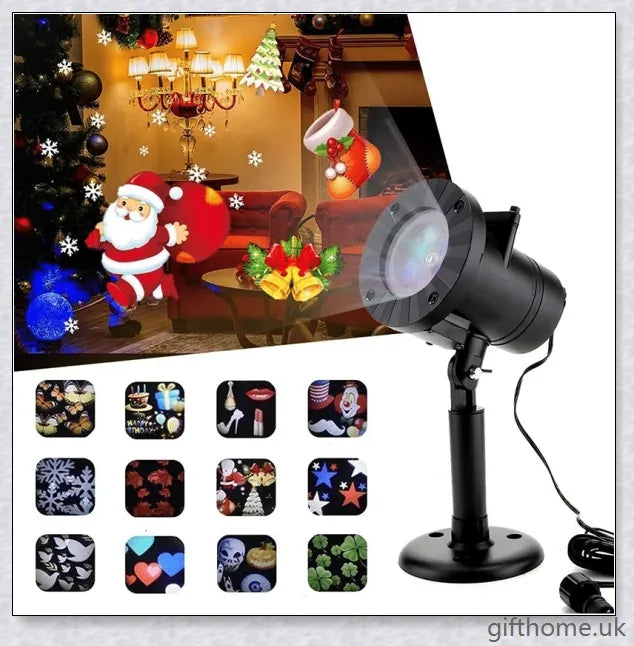 A black projector light with 12 interchangeable slide patterns that can be used for Christmas, Halloween, and other festive occasions.