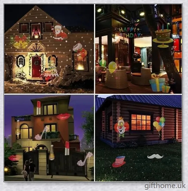 A black projector light with 12 interchangeable slide patterns that can be used for Christmas, Halloween, and other festive occasions.