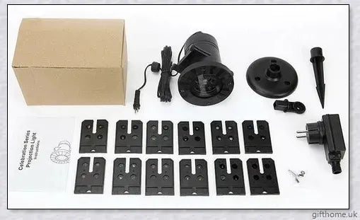 A black projector light with 12 interchangeable slide patterns that can be used for Christmas, Halloween, and other festive occasions.