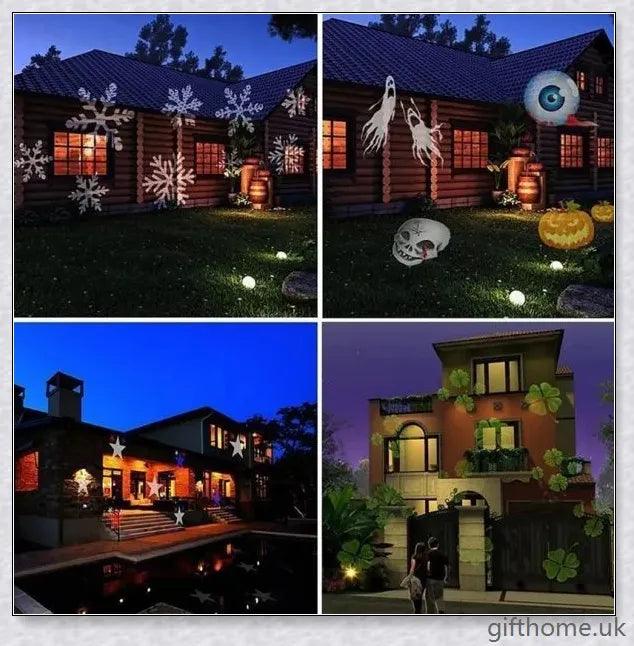 A black projector light with 12 interchangeable slide patterns that can be used for Christmas, Halloween, and other festive occasions.