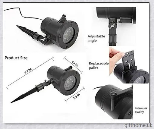 A black projector light with 12 interchangeable slide patterns that can be used for Christmas, Halloween, and other festive occasions.