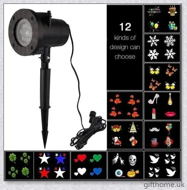 A black projector light with 12 interchangeable slide patterns that can be used for Christmas, Halloween, and other festive occasions.