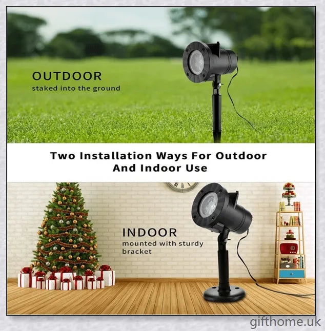 A black projector light with 12 interchangeable slide patterns that can be used for Christmas, Halloween, and other festive occasions.