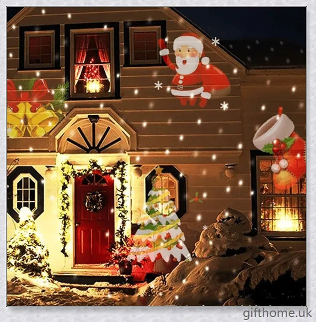 A black projector light with 12 interchangeable slide patterns that can be used for Christmas, Halloween, and other festive occasions.