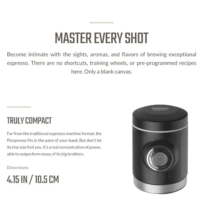 Portable espresso maker with a sleek black design, featuring a naked portafilter and manual operation for crafting premium coffee on the go.