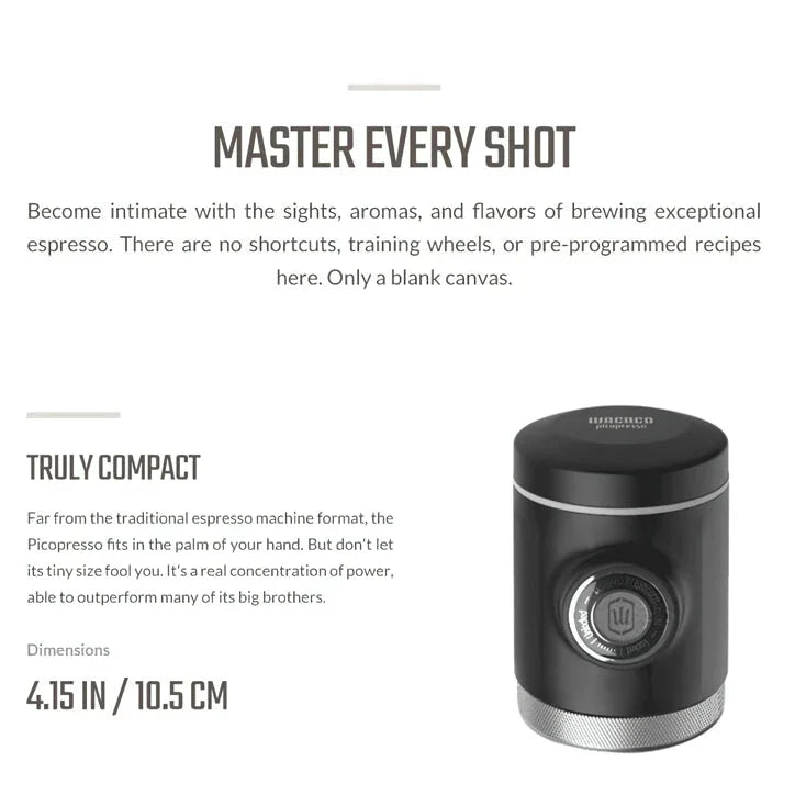 Portable espresso maker with a sleek black design, featuring a naked portafilter and manual operation for crafting premium coffee on the go.