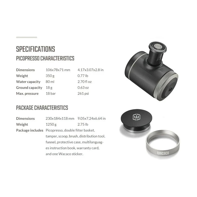 Portable espresso maker with a sleek black design, featuring a naked portafilter and manual operation for crafting premium coffee on the go.