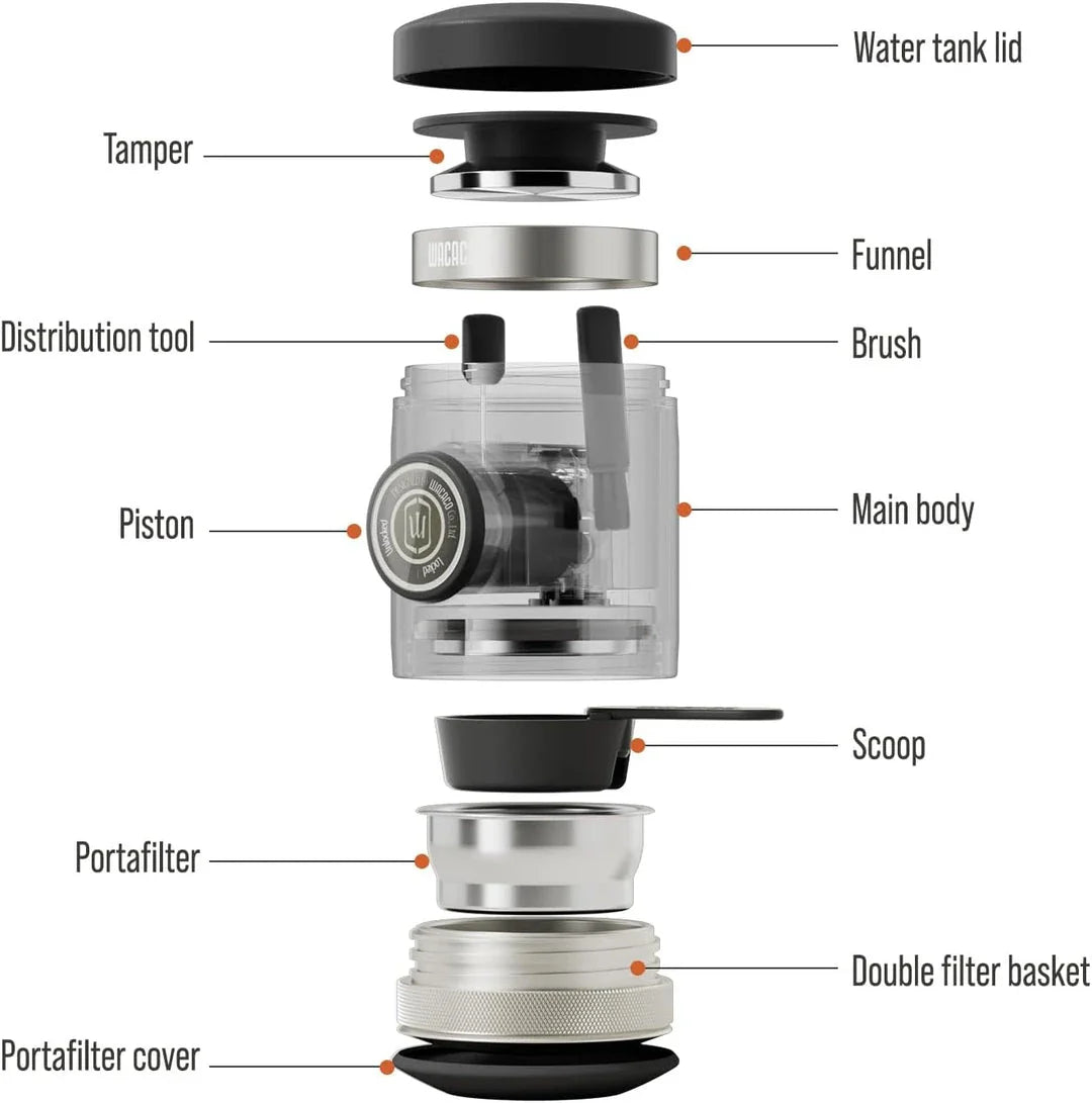 Portable espresso maker with a sleek black design, featuring a naked portafilter and manual operation for crafting premium coffee on the go.