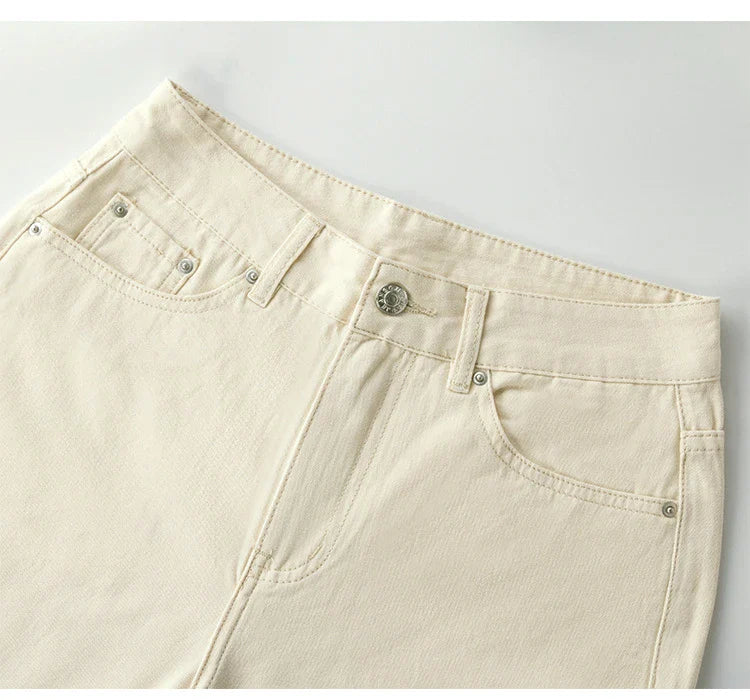 Cotton Denim Women's Casual Slim Jeans in beige colour with high waist and slim fit design