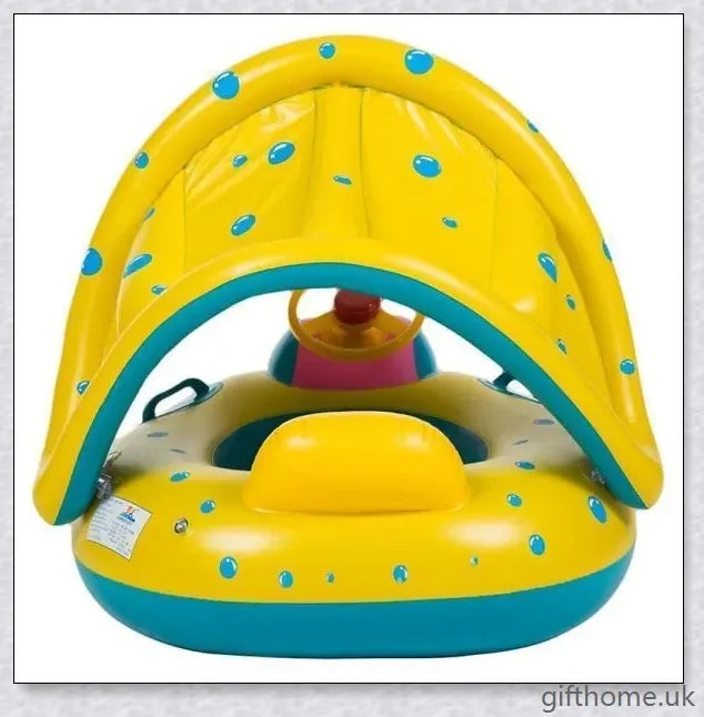 A baby swimming in a blue and white clamshell-style inflatable swimming pool float with a sun canopy and steering wheel