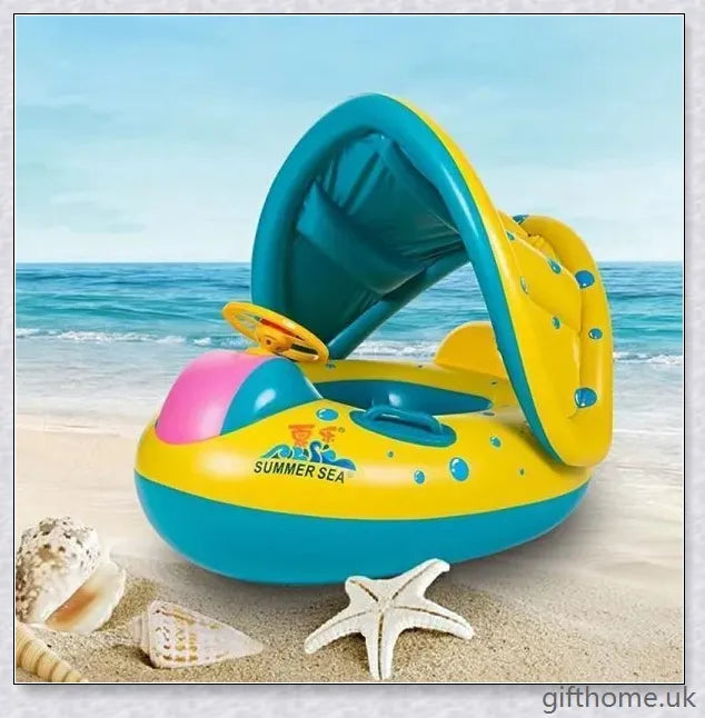 A baby swimming in a blue and white clamshell-style inflatable swimming pool float with a sun canopy and steering wheel