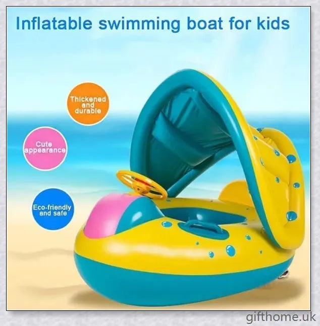A baby swimming in a blue and white clamshell-style inflatable swimming pool float with a sun canopy and steering wheel