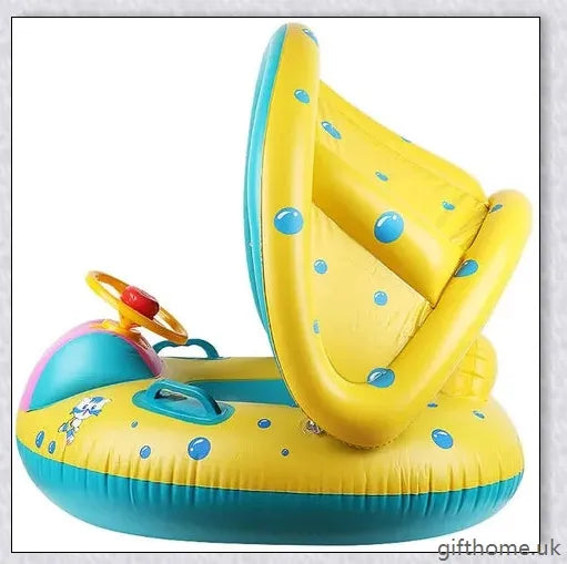 A baby swimming in a blue and white clamshell-style inflatable swimming pool float with a sun canopy and steering wheel