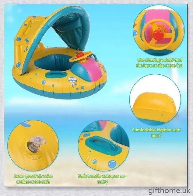 A baby swimming in a blue and white clamshell-style inflatable swimming pool float with a sun canopy and steering wheel