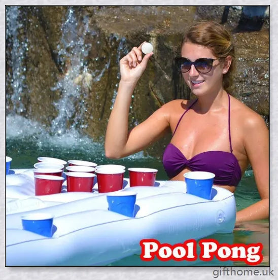 Inflatable pool beer pong table with 28 cup holders, central cooler, and versatile design for indoor or outdoor use