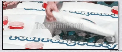 Inflatable pool beer pong table with 28 cup holders, central cooler, and versatile design for indoor or outdoor use