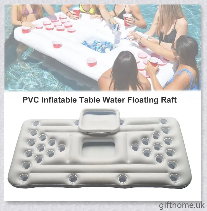 Inflatable pool beer pong table with 28 cup holders, central cooler, and versatile design for indoor or outdoor use