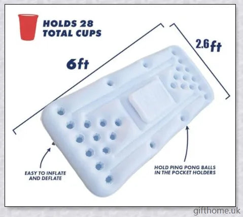 Inflatable pool beer pong table with 28 cup holders, central cooler, and versatile design for indoor or outdoor use