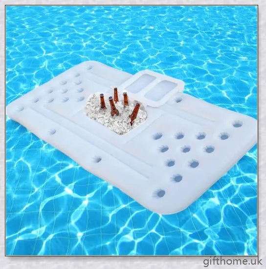 Inflatable pool beer pong table with 28 cup holders, central cooler, and versatile design for indoor or outdoor use