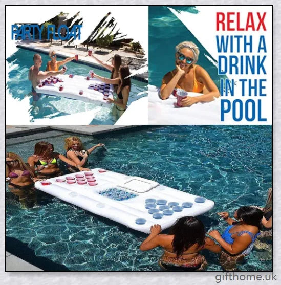 Inflatable pool beer pong table with 28 cup holders, central cooler, and versatile design for indoor or outdoor use