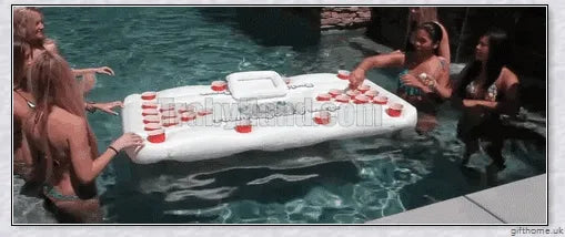 Inflatable pool beer pong table with 28 cup holders, central cooler, and versatile design for indoor or outdoor use