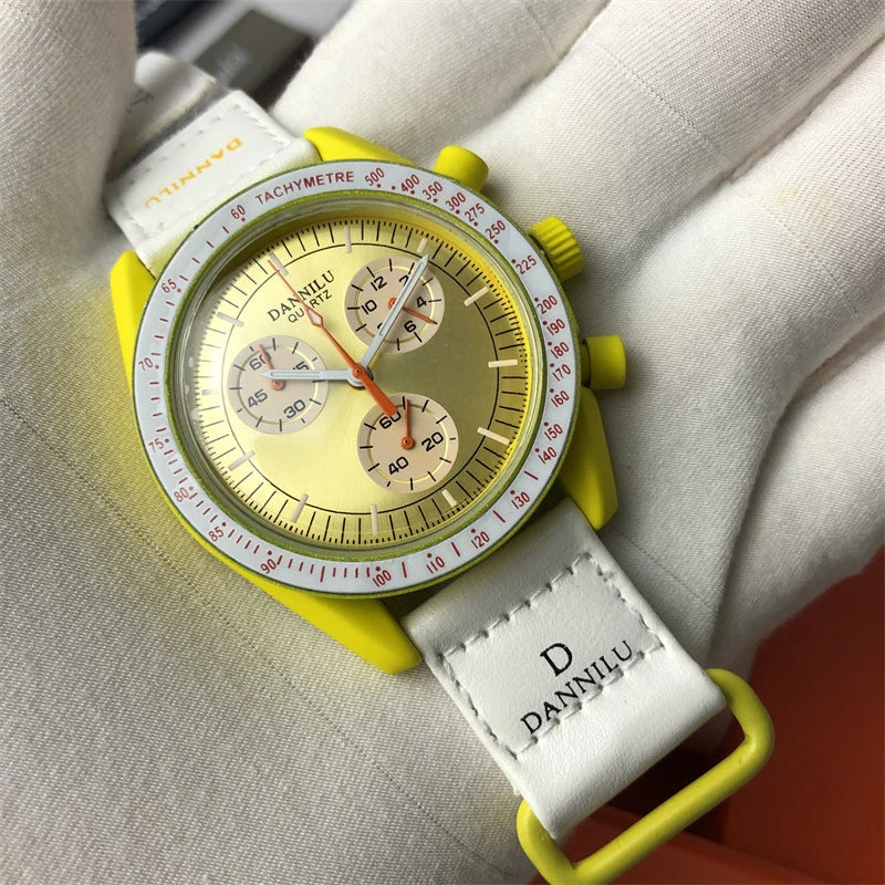 Sophisticated multi-function quartz watch with stylish textile strap, featuring a classic round dial and stainless steel clasp