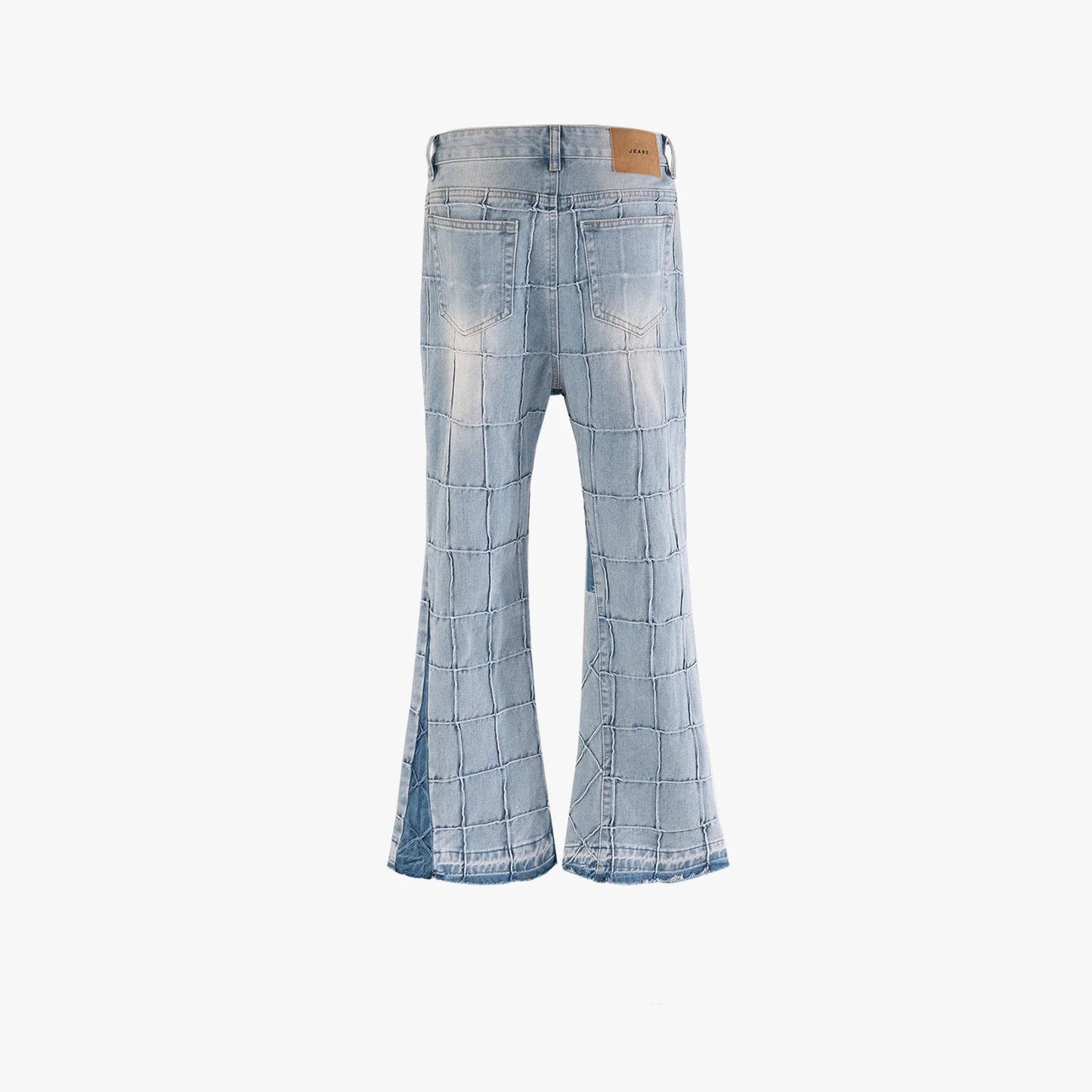 A pair of fashionable waffle-textured denim jeans in black and gray colors, suitable for both men and women.