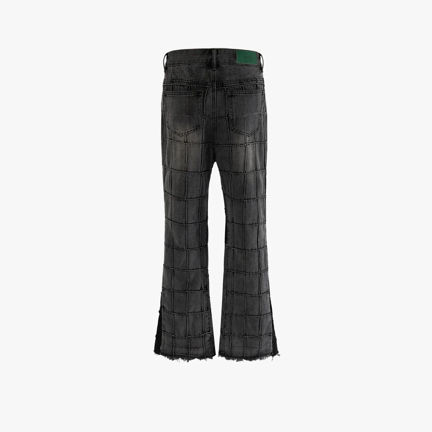A pair of fashionable waffle-textured denim jeans in black and gray colors, suitable for both men and women.
