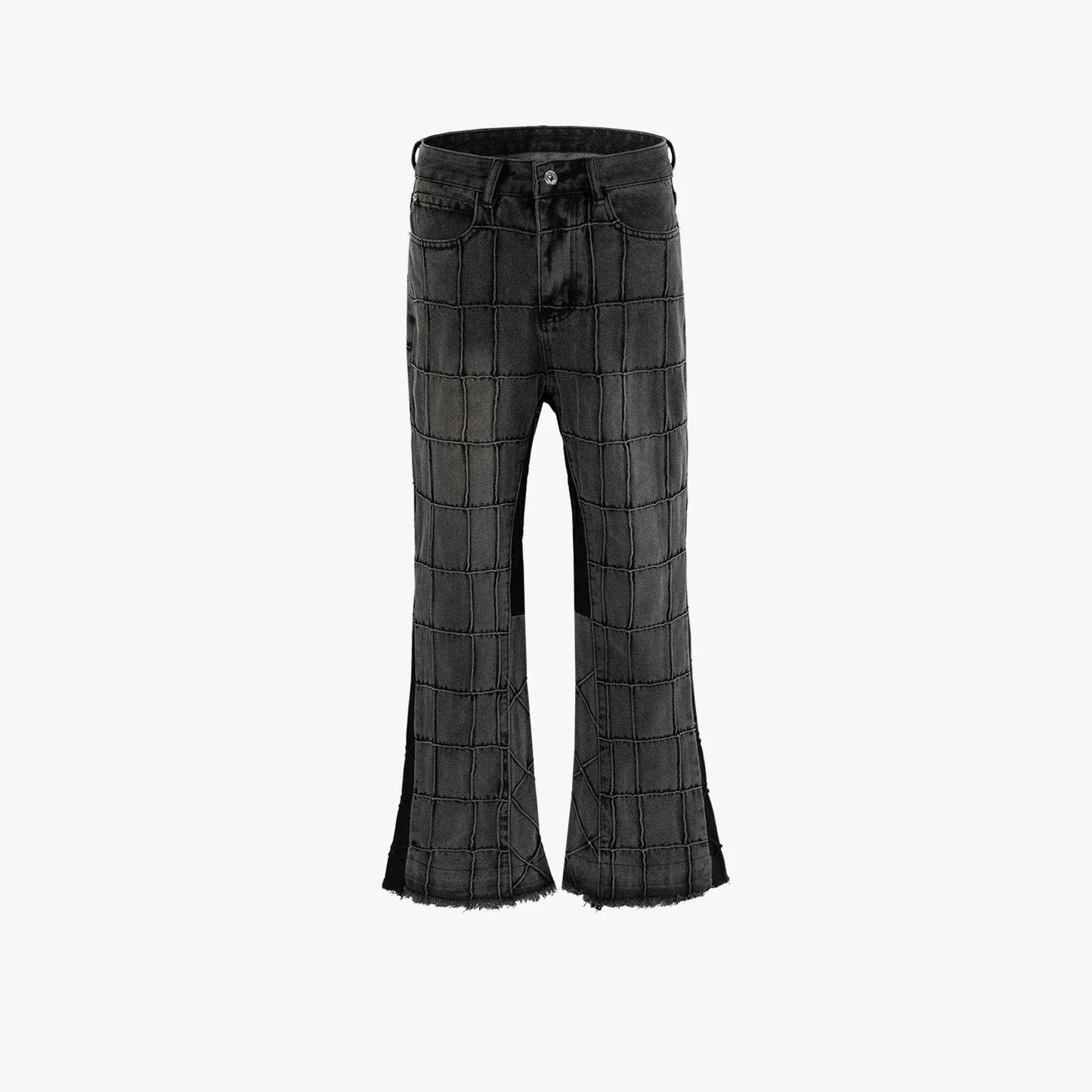 A pair of fashionable waffle-textured denim jeans in black and gray colors, suitable for both men and women.