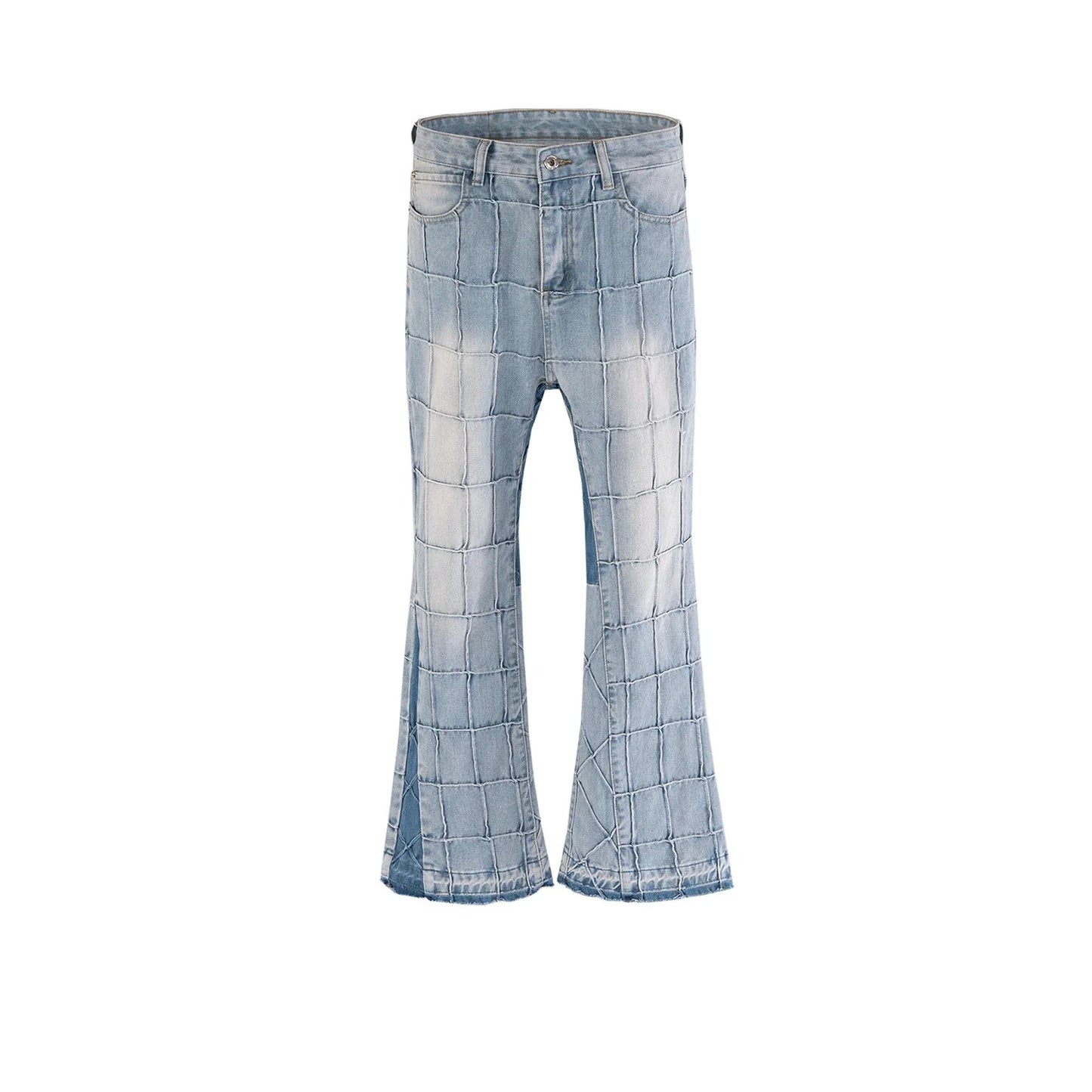 A pair of fashionable waffle-textured denim jeans in black and gray colors, suitable for both men and women.