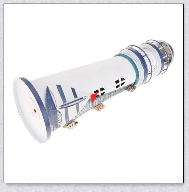 Oceanica LED Lighthouse Lantern Nightlight with nautical details like a small boat, life buoy, and seashells, providing a soft warm glow.