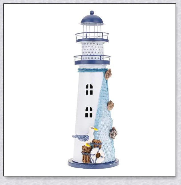 Oceanica LED Lighthouse Lantern Nightlight with nautical details like a small boat, life buoy, and seashells, providing a soft warm glow.