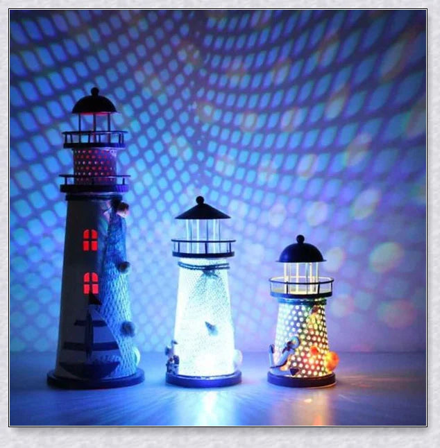 Oceanica LED Lighthouse Lantern Nightlight with nautical details like a small boat, life buoy, and seashells, providing a soft warm glow.