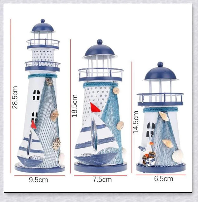 Oceanica LED Lighthouse Lantern Nightlight with nautical details like a small boat, life buoy, and seashells, providing a soft warm glow.