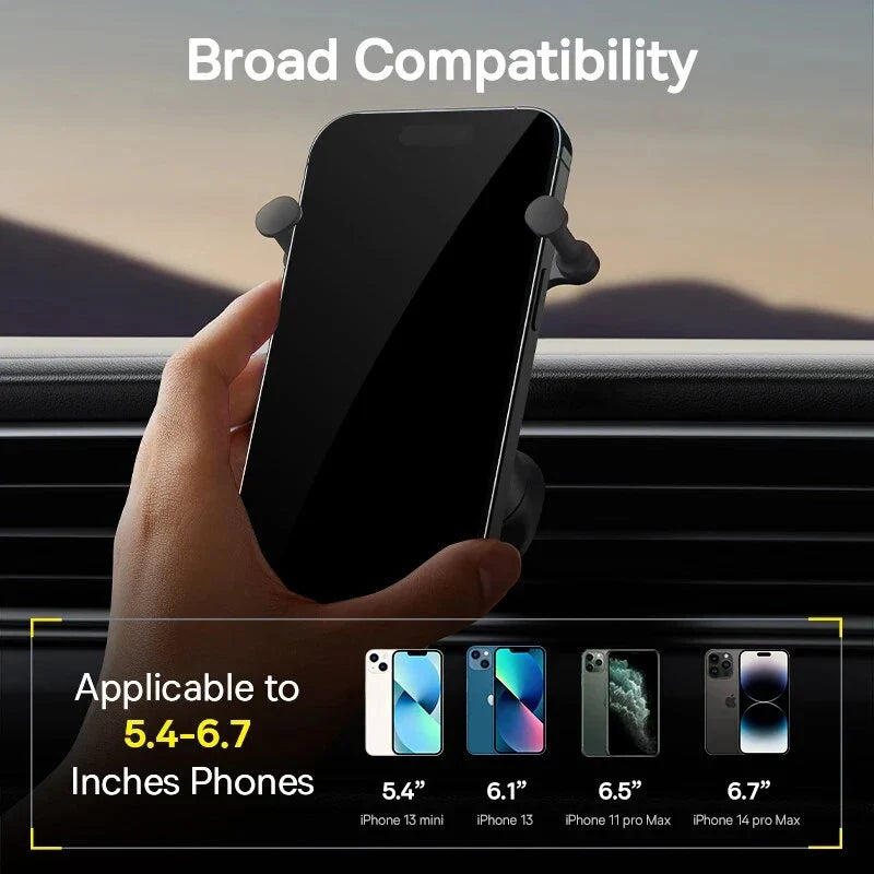 Gravity Auto-Restore Car Phone Holder with secure clamping, wireless charging, and adjustable viewing angles for safe and convenient in-car phone use