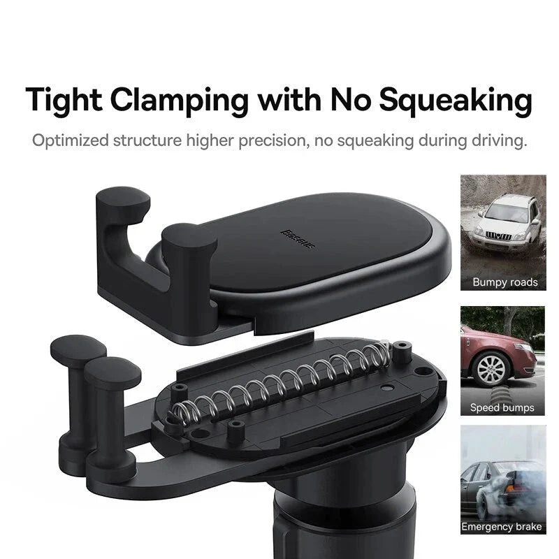 Gravity Auto-Restore Car Phone Holder with secure clamping, wireless charging, and adjustable viewing angles for safe and convenient in-car phone use