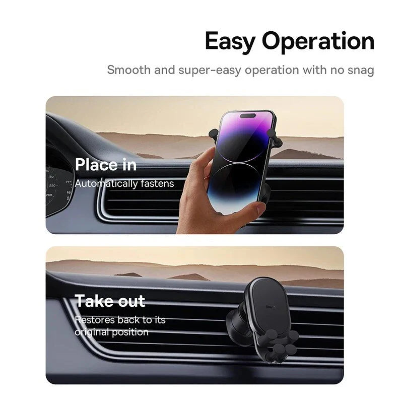 Gravity Auto-Restore Car Phone Holder with secure clamping, wireless charging, and adjustable viewing angles for safe and convenient in-car phone use