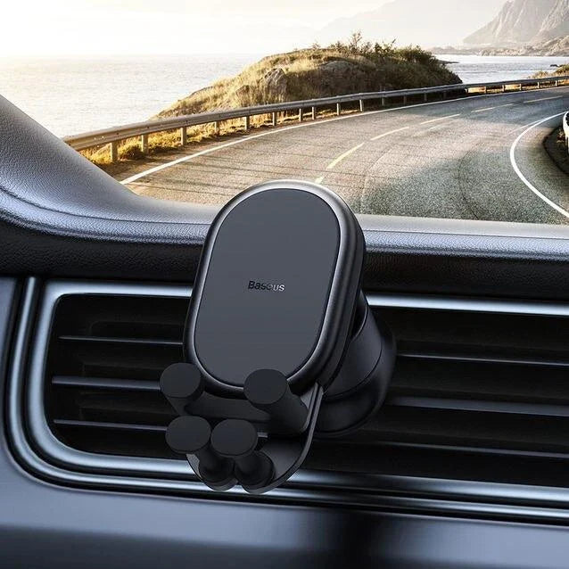 Gravity Auto-Restore Car Phone Holder with secure clamping, wireless charging, and adjustable viewing angles for safe and convenient in-car phone use
