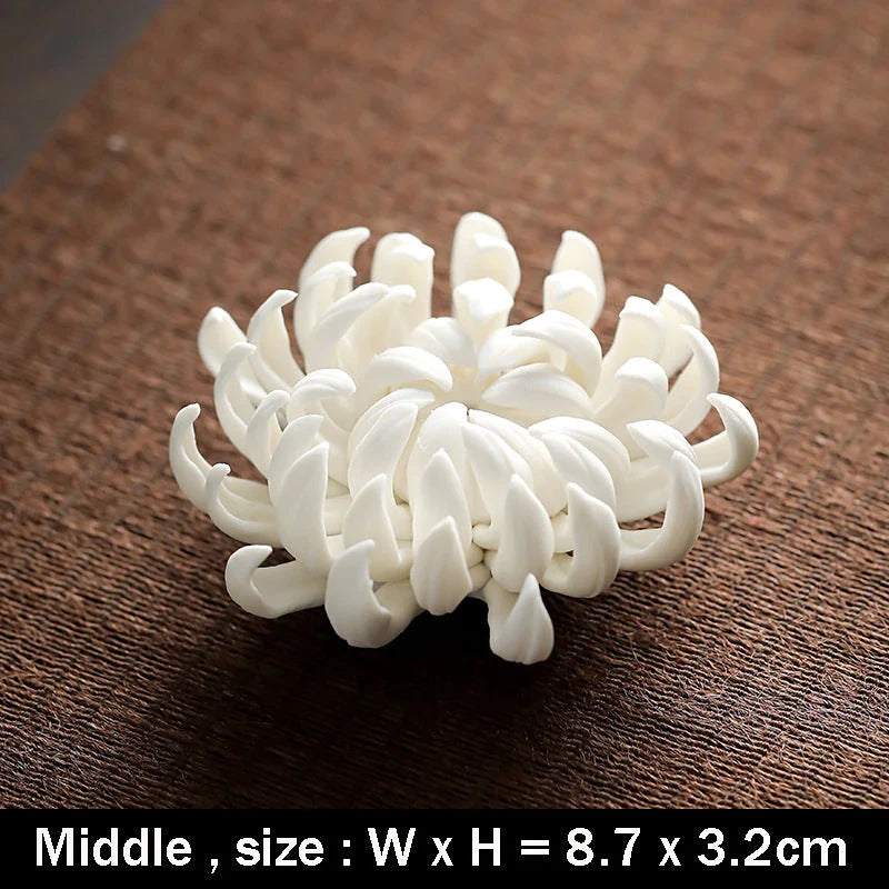Elegant ceramic incense burner with chrysanthemum design, available in white and yellow colours and three sizes