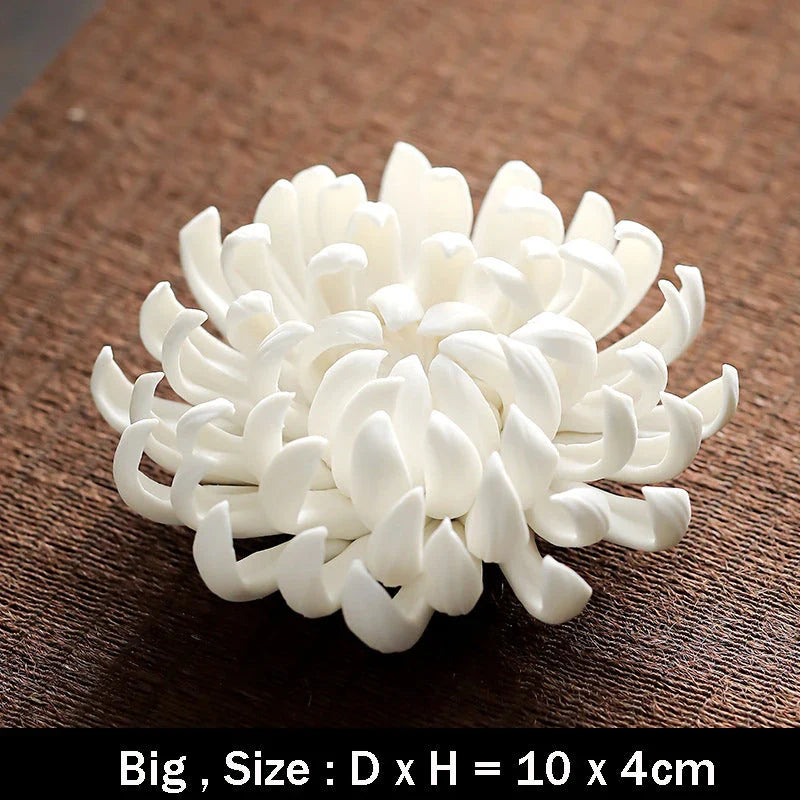 Elegant ceramic incense burner with chrysanthemum design, available in white and yellow colours and three sizes